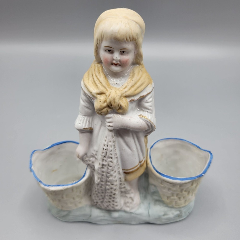 Vintage German Porcelain Victorian Girl Figurine With Dual Basket Vase Planters
